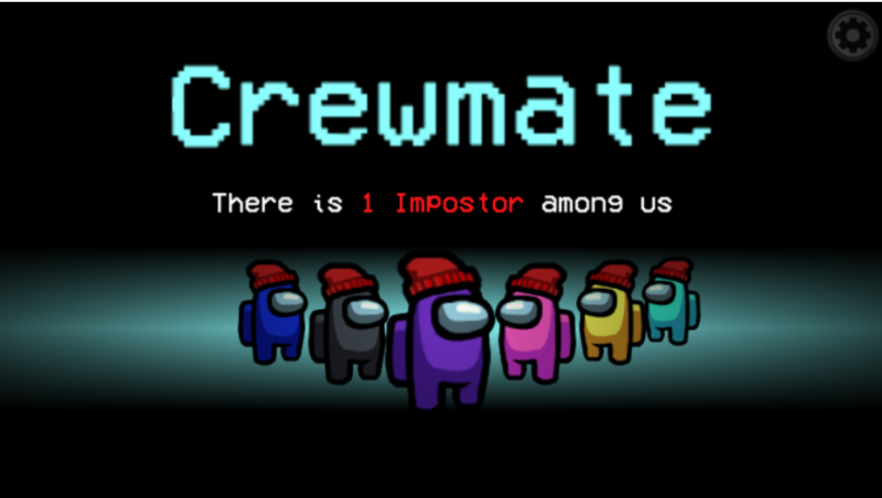 The opening screen to the Among Us game. There are 6 players in various colors. The text reads "Crewmate. There is 1 Impostor among us."