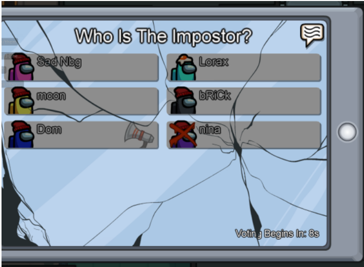 An image from the Vote screen in Among Us. The top reads "Who Is The Impostor?" There are 5 players alive and Nina is dead. There is a counter that reads "Voting Begins In: 8s"