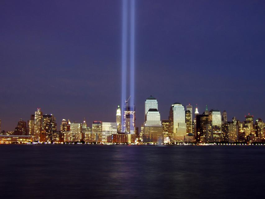 Two beams of light represent the former Twin Towers of the World Trade Center during the 2004 memorial of the September 11, 2001 attacks.