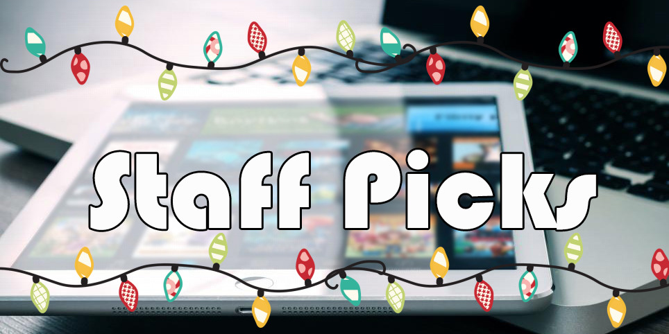 "Staff Picks" with holiday lights around it and a tablet with apps in the packground.