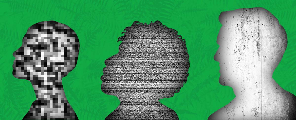 Profiles filled with forms of static on a green background. 