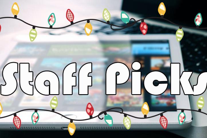 "Staff Picks" with holiday lights around it and a tablet with apps in the packground.